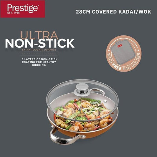 PRESTIGE ULTRA 28CM KADAI WITH GLASS LID AND PAN HOLDER