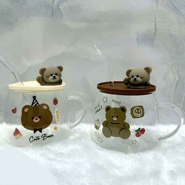 Bear Mug Transparent Glass Mug Lid & Glass Straw