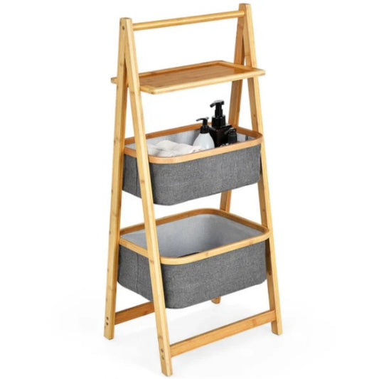 A frame laundry hamper with shelf natural