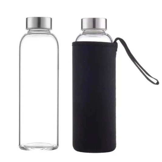 Clear glass water bottle with sleeves