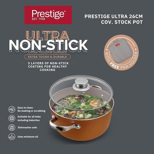 PRESTIGE ULTRA 26CM/6.2L/6.5QT STOCKPOT WITH GLASS LID AND PAN HOLDER